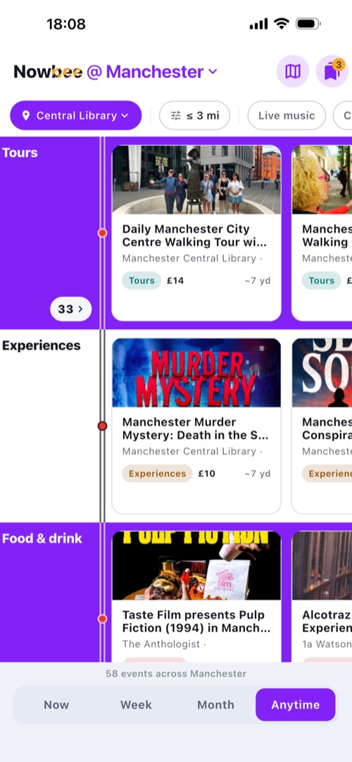 Nowbee's Anytime tab: tours, experiences and food and drink grouped by category rather than by hour, for things you turn up to when it suits you.
