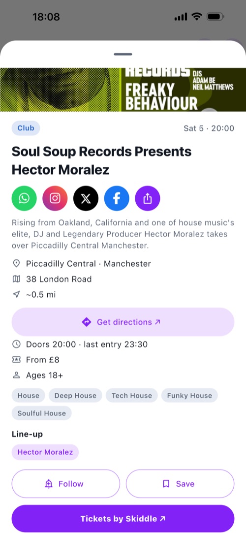 An event in Nowbee: poster, category, date, share buttons, description, venue, address, walking distance, directions, door time, price, age limit, line-up, and a ticket link naming the provider it came from.