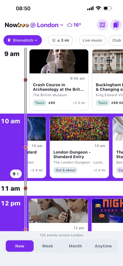 Nowbee's Now view in London, anchored to Shoreditch: a British Museum course at 9:45am, the London Dungeon at 10am, and 125 events across the city.