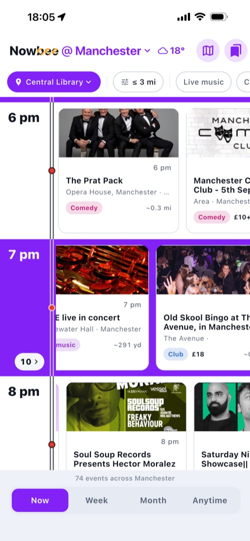 Nowbee's Now view in Manchester: hours running down the left with a red marker at the current time, and events for 6pm, 7pm and 8pm laid out beside them with posters, venues, categories and distances.