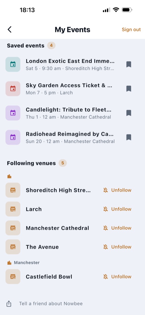 Nowbee's My Events screen: four saved events and five followed venues, each with an unfollow control.